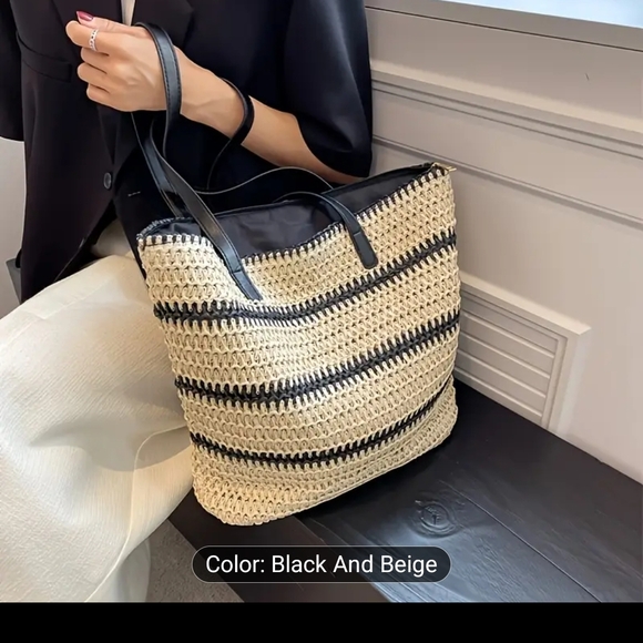 Striped Chic Woven Tote Bag - Picture 2 of 6